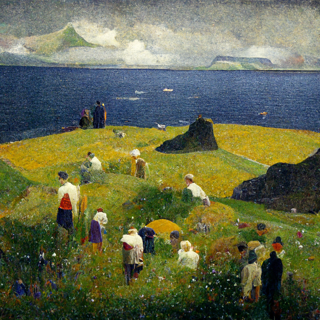 AI-generated image from Midjourney, the Faroe Islands inspired by Georges Seurat.