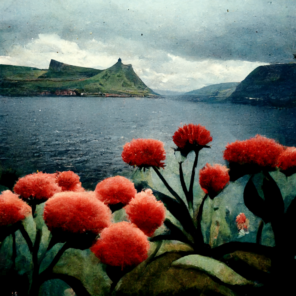 AI-generated image from Midjourney, the Faroe Islands inspired by Frida Kahlo.