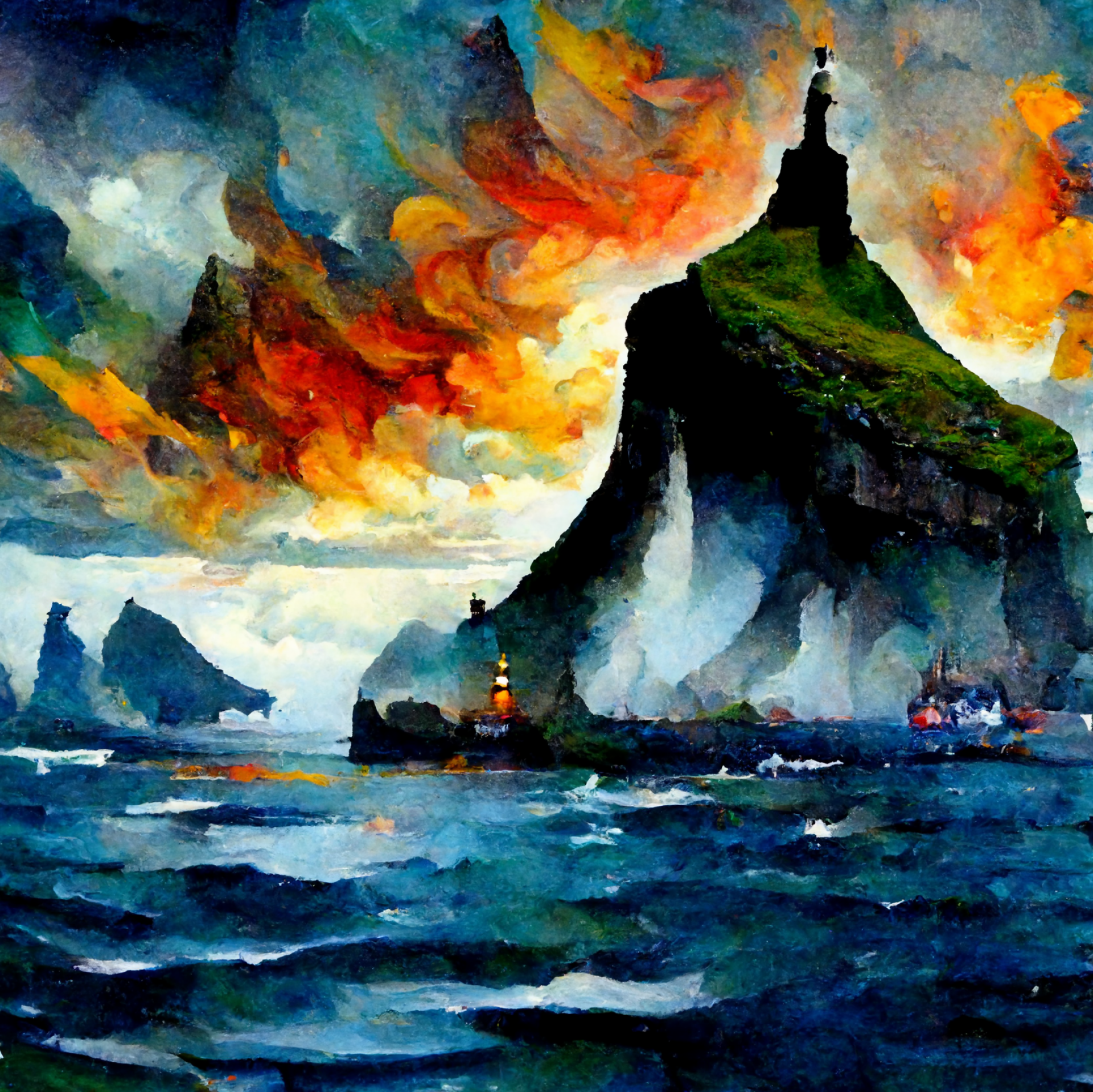 AI-generated image from Midjourney, the Faroe Islands inspired by Leonid Afremov.