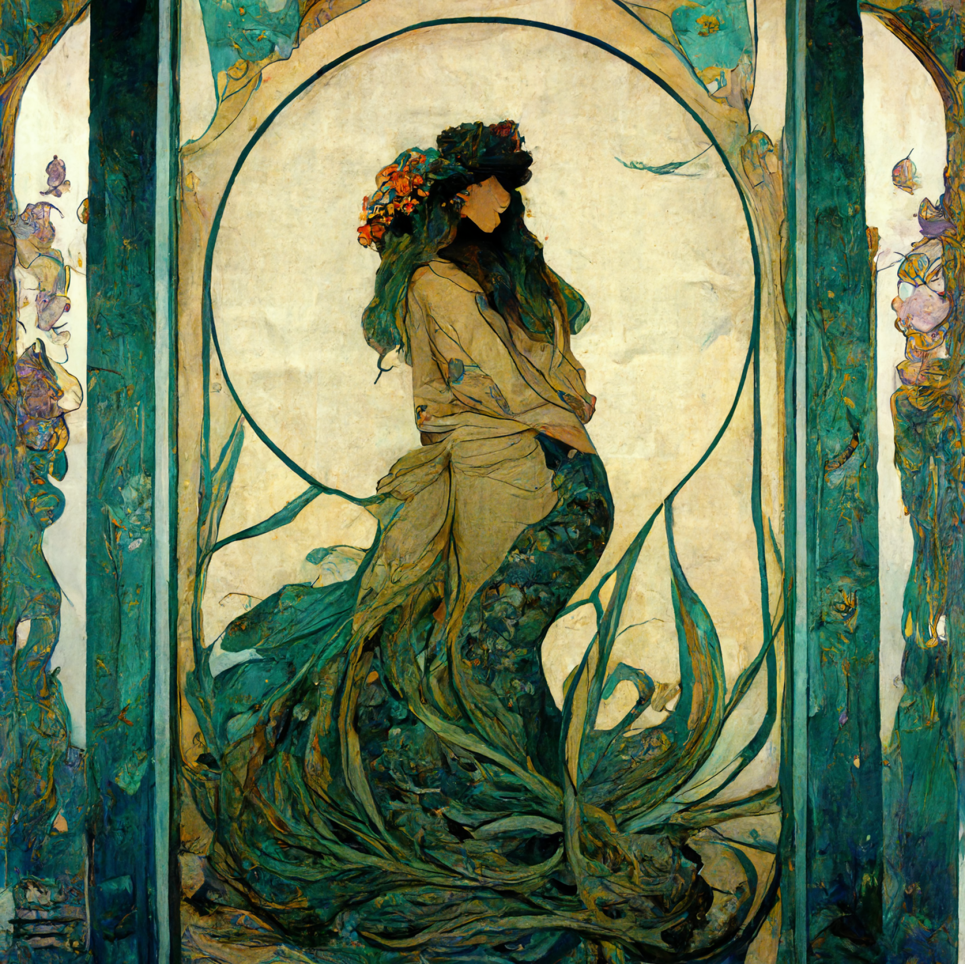 AI-generated image from Midjourney, the Faroe Islands inspired by Alfons Mucha.