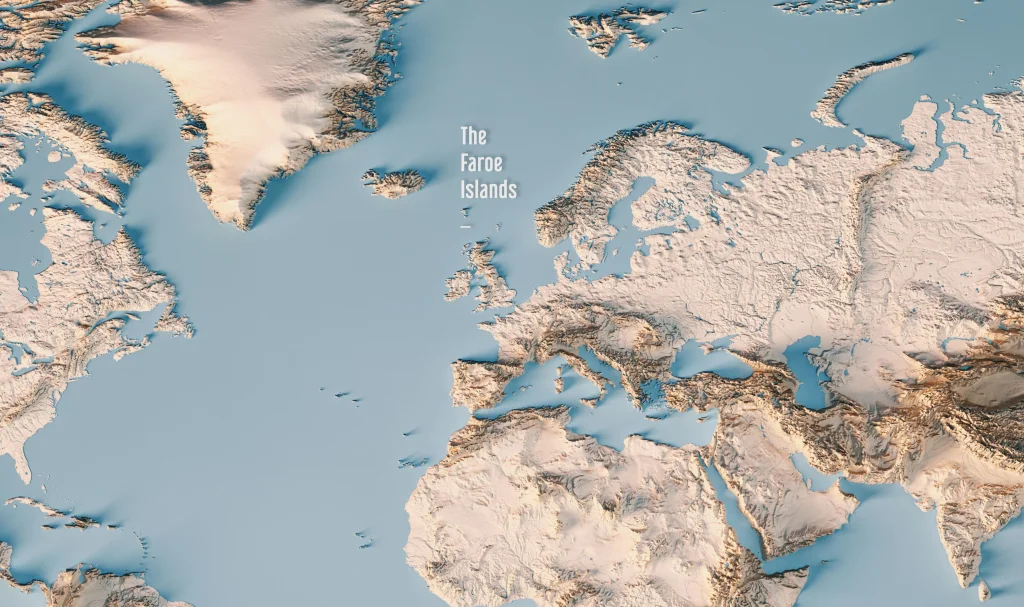 3D map of the Faroe Islands, showing where the islands are in approximation of the neighboring countries, Iceland, Scotland, Norway