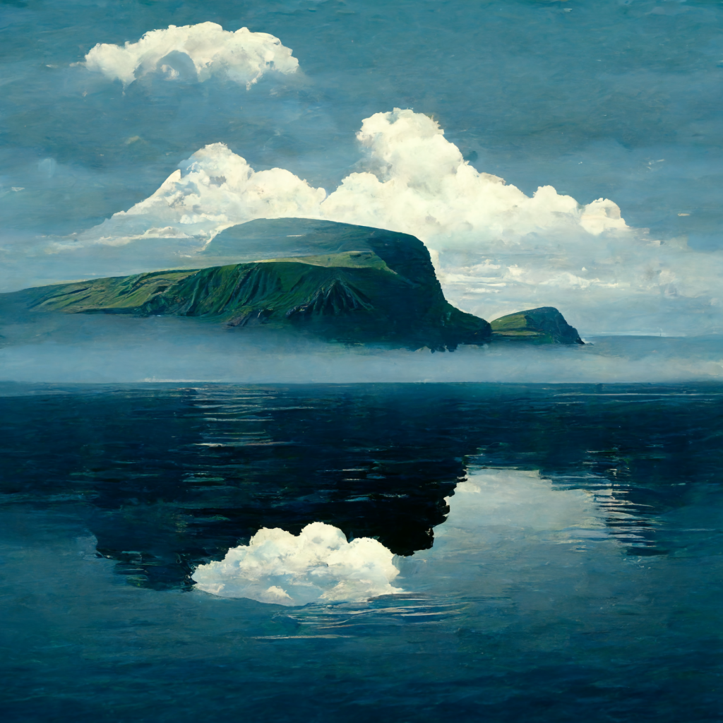 AI-generated image from Midjourney, the Faroe Islands inspired by Rene Magritte
