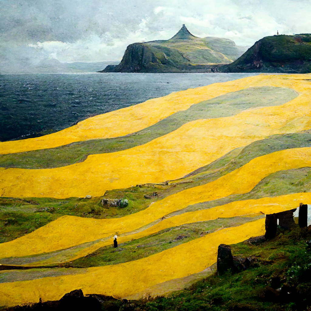 AI-generated image from Midjourney, the Faroe Islands inspired by Picasso.