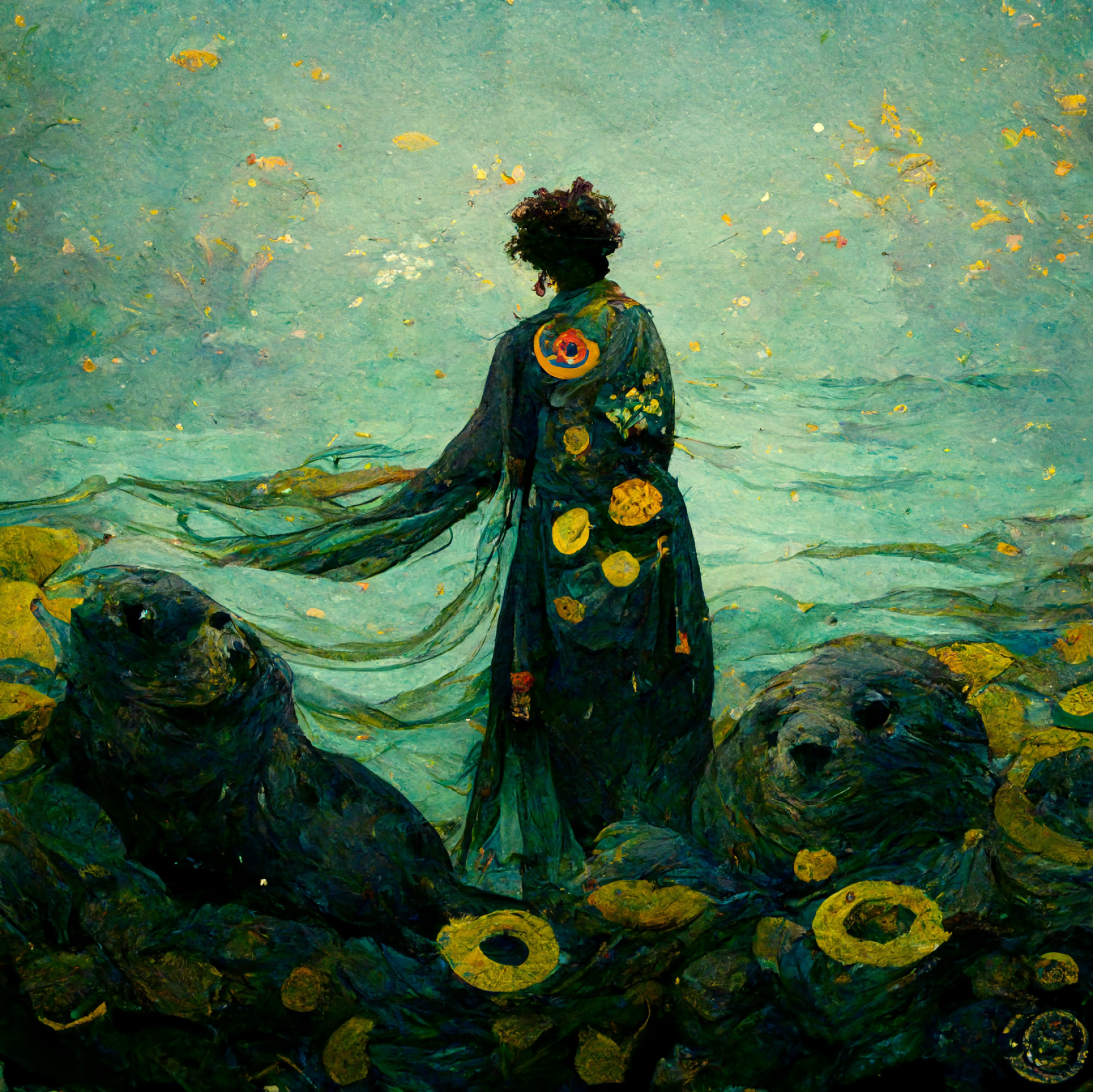 AI-generated image from Midjourney, the Faroe Islands inspired by Klimt.