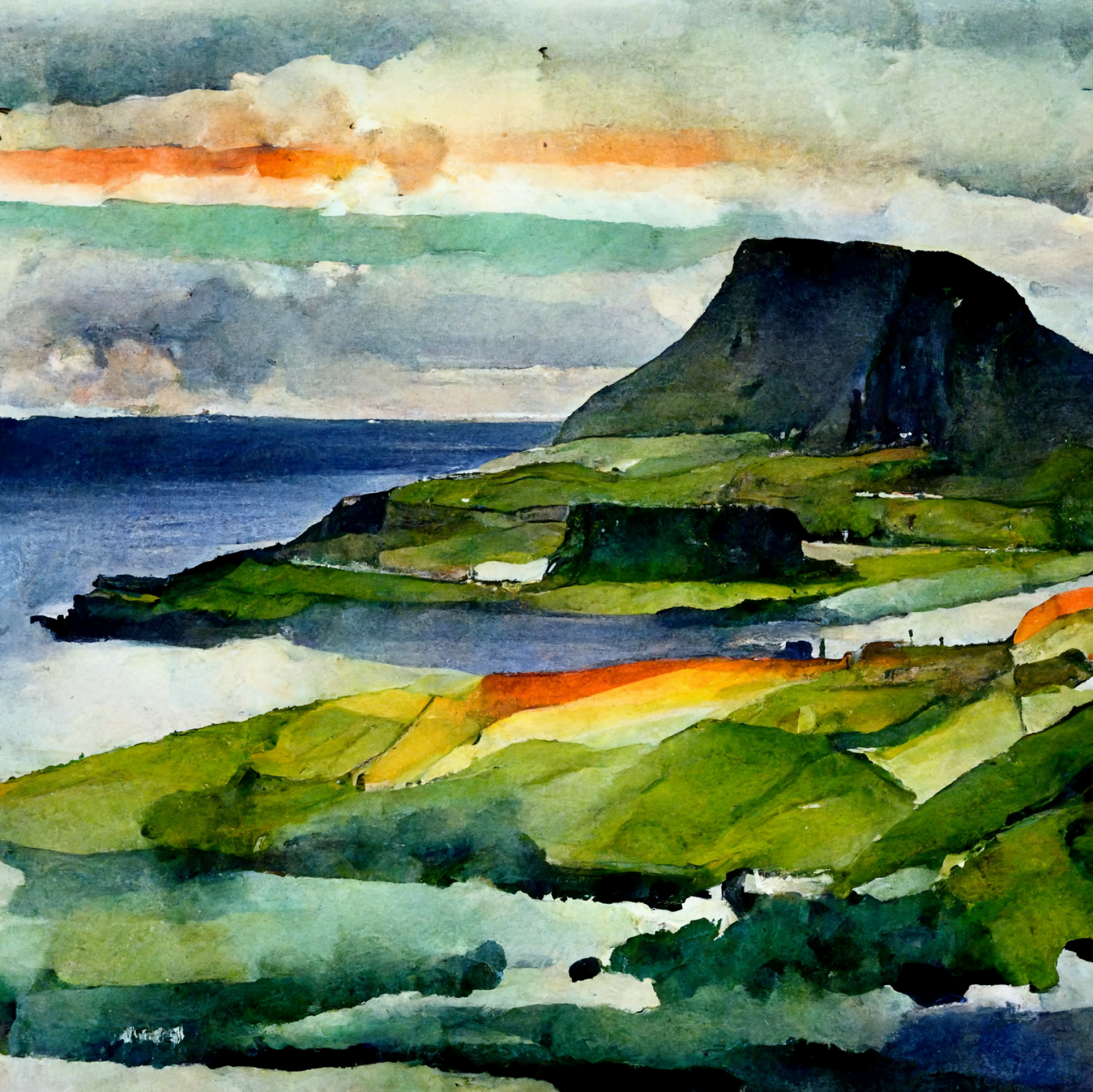 AI-generated image from Midjourney, the Faroe Islands inspired by Emily Carr.