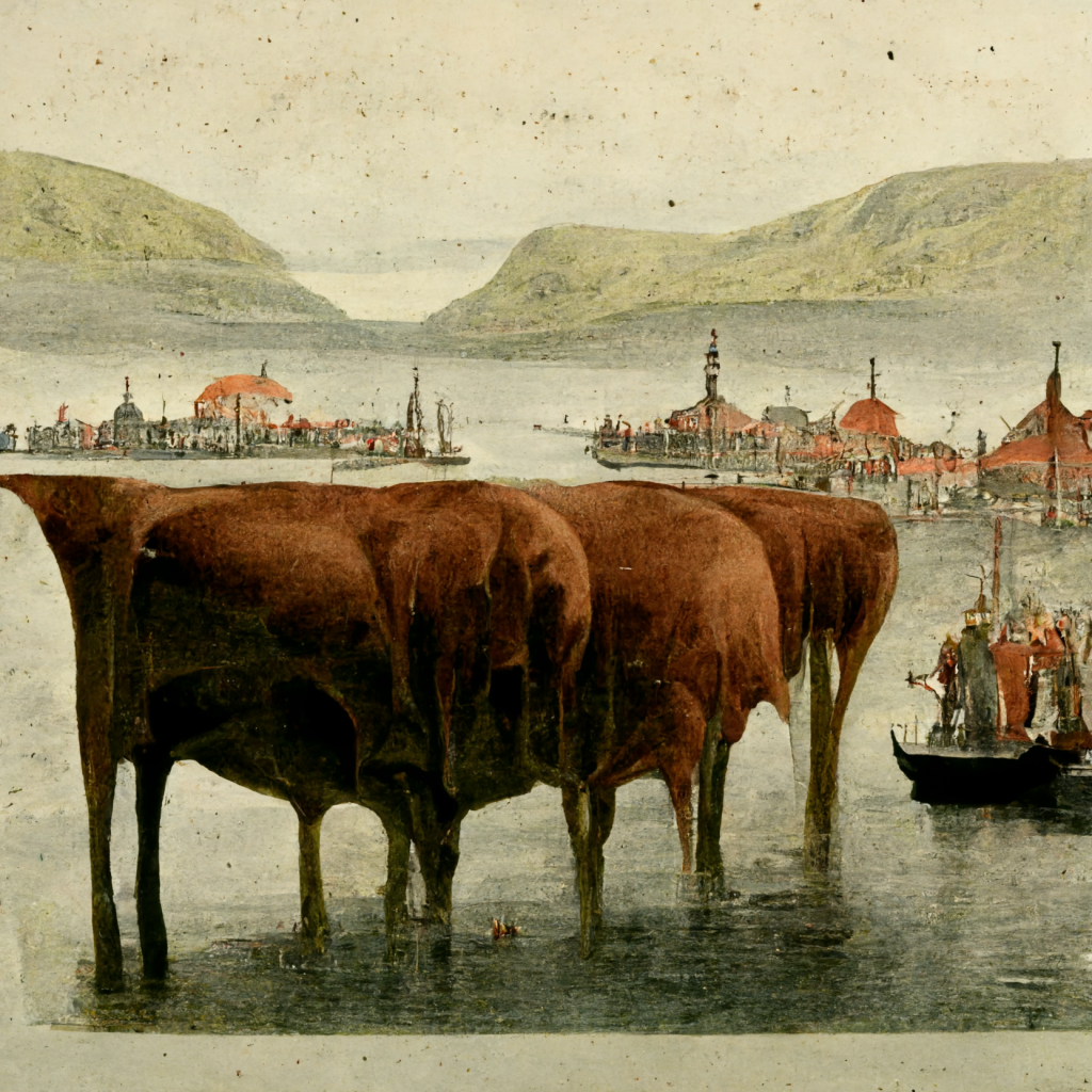 AI-generated image from Midjourney, the Faroe Islands inspired by Gentile Bellini.