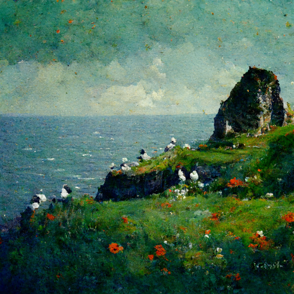 AI-generated image from Midjourney, the Faroe Islands inspired by Monet.