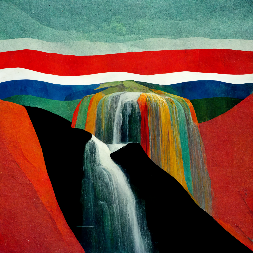 AI-generated image from Midjourney, the Faroe Islands inspired by David Hockney.