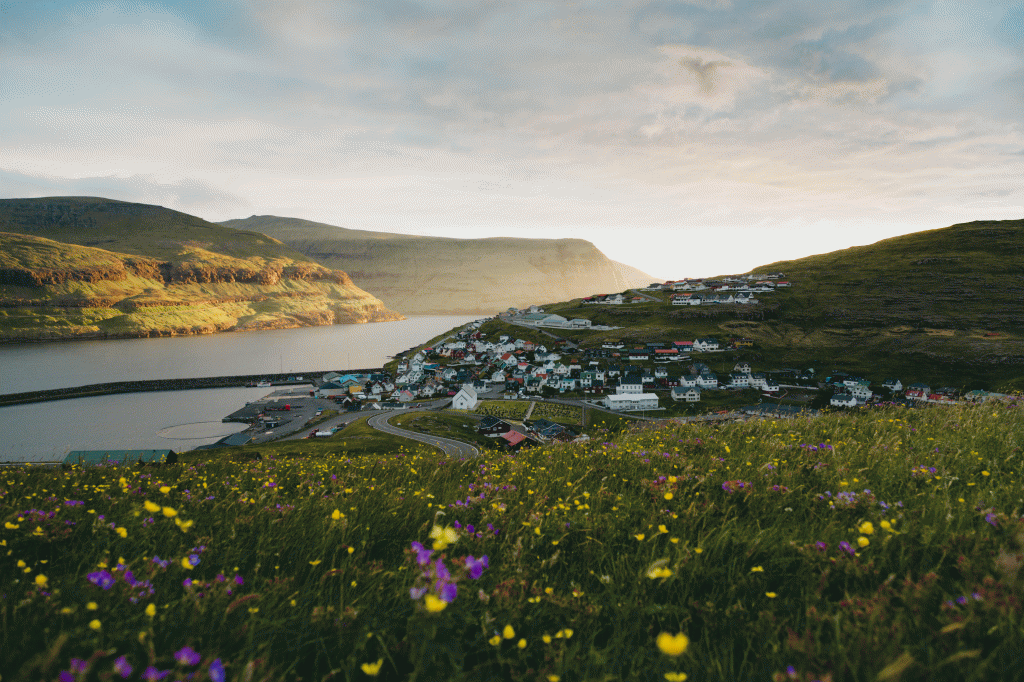 Beautiful village of Eiði in sunset

