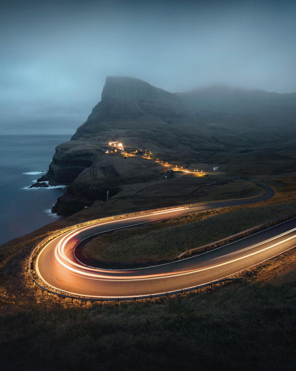 Driving at sunset in the Faroe Islands