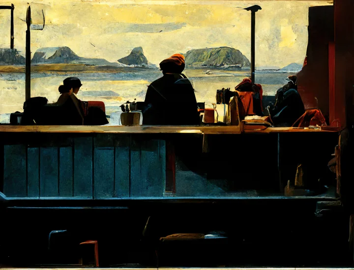 Thumbnail of - Imagine Faroe Islands inspired by Edward Hopper using  AI Technology, Midjourney. 