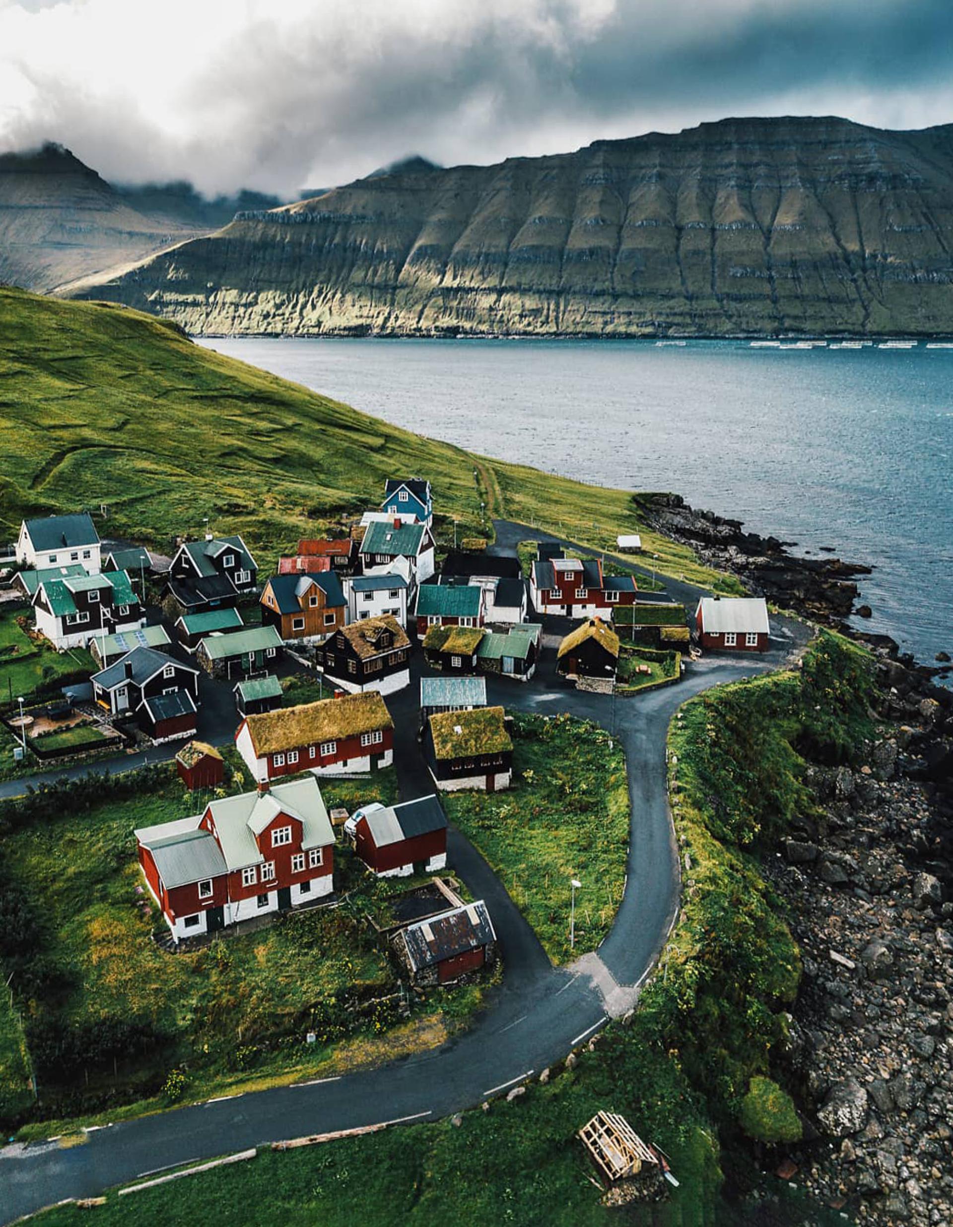 Thumbnail of - Helicopter areal view of the village of Elduvik, Faroe Islands