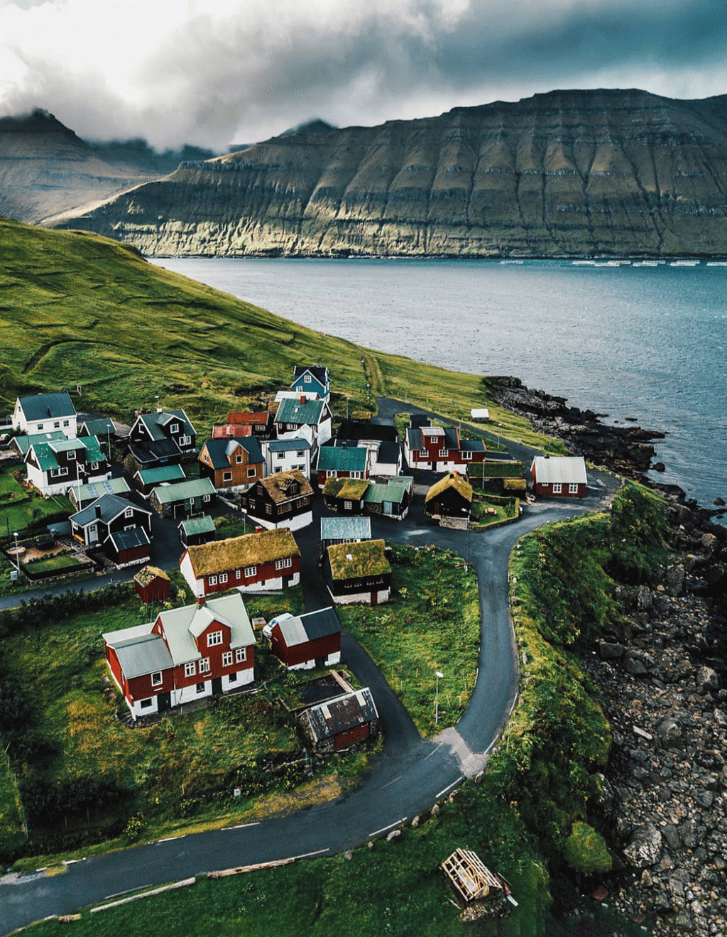 Helicopter areal view of the village of Elduvik, Faroe Islands