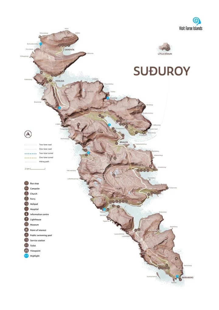 Detailed regional map of Suduroy, Suðuroy, the southmost island of the Faroe Islands