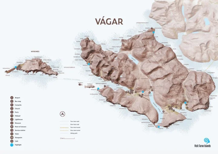 Detailed regional map of the island of Vagar, Vàgar, the Faroe Islands