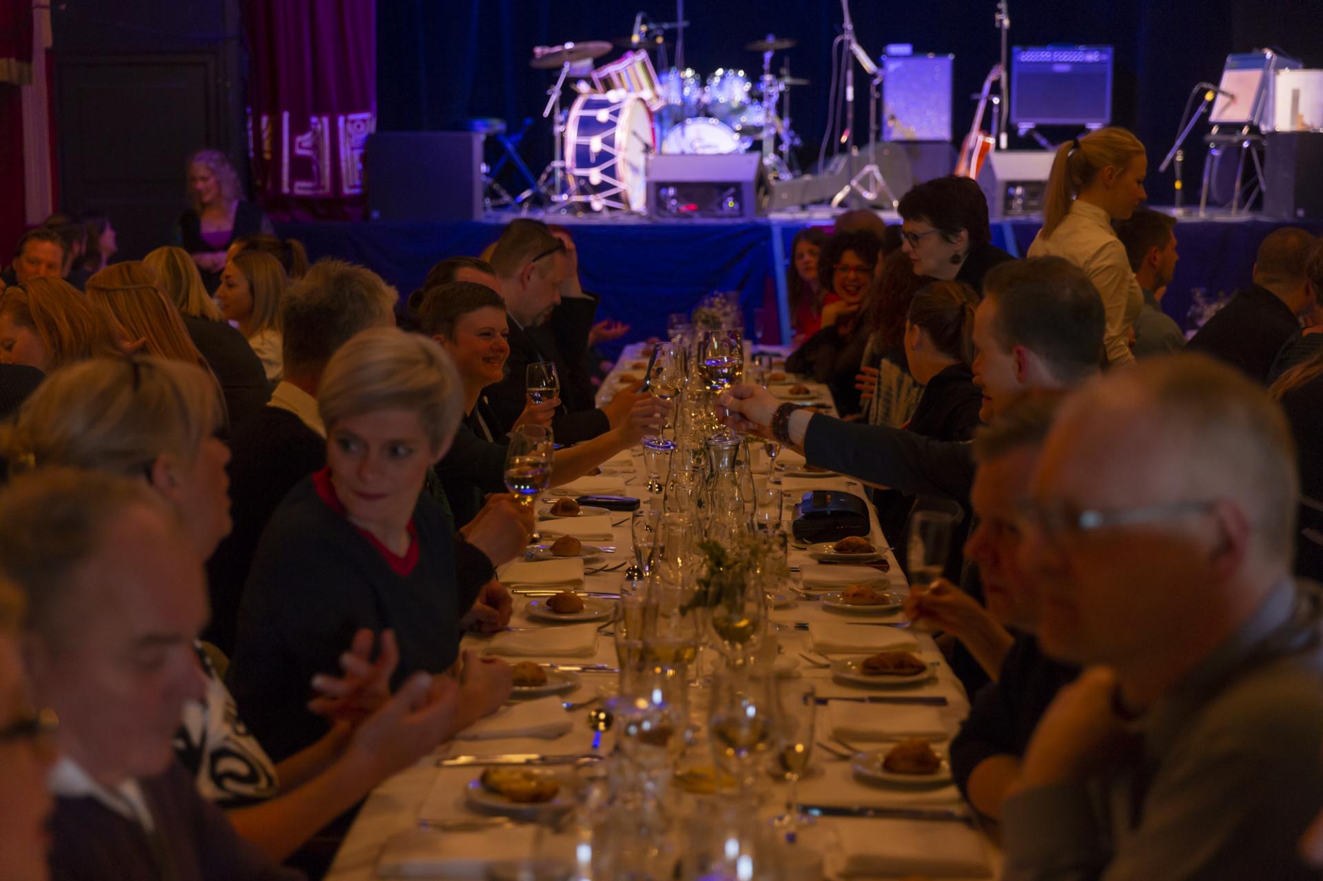 Happy famshop participants at the farewell dinner at the teather in Torshavn, Sjóleikahúsið